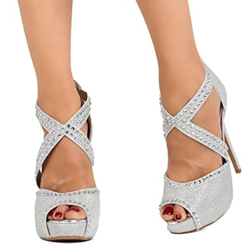 Cathy Din Women Glitter Leatherette Peep Toe Rhine